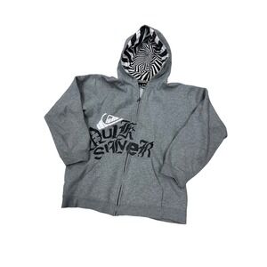 Quiksilver Boys Gray Zip Up Hoodie Gothic Logo Spiral Hood Lining L/G 16-18